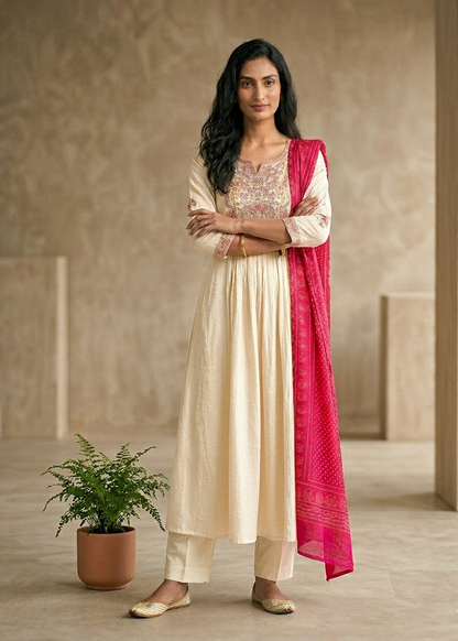Beige Crushed Tissue Anarkali suit - Set of 3