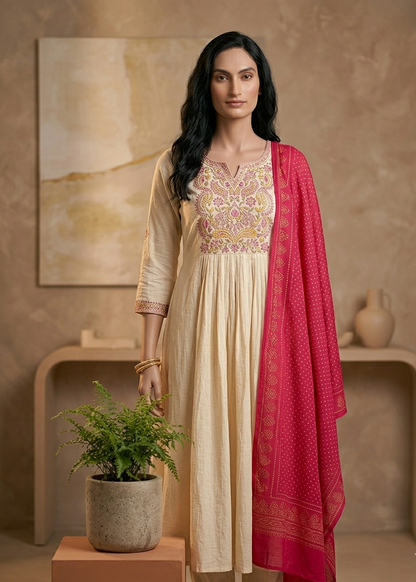 Beige Crushed Tissue Anarkali suit - Set of 3