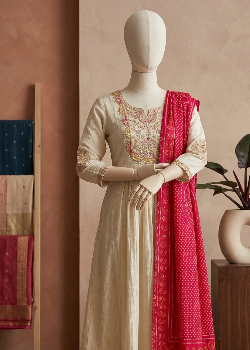 Beige Crushed Tissue Anarkali suit - Set of 3
