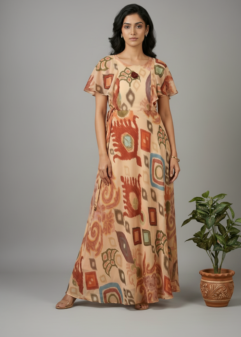 Beige Dhara Chiffon Ikkat dress - Gown