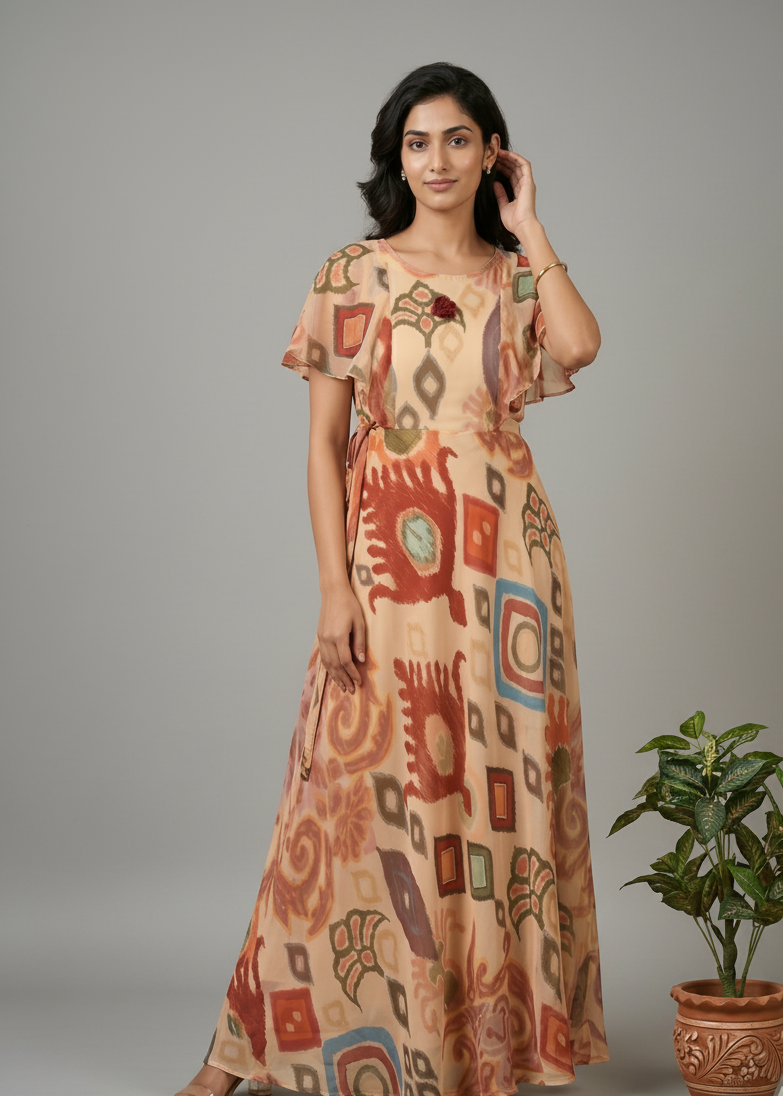 Beige Dhara Chiffon Ikkat dress - Gown