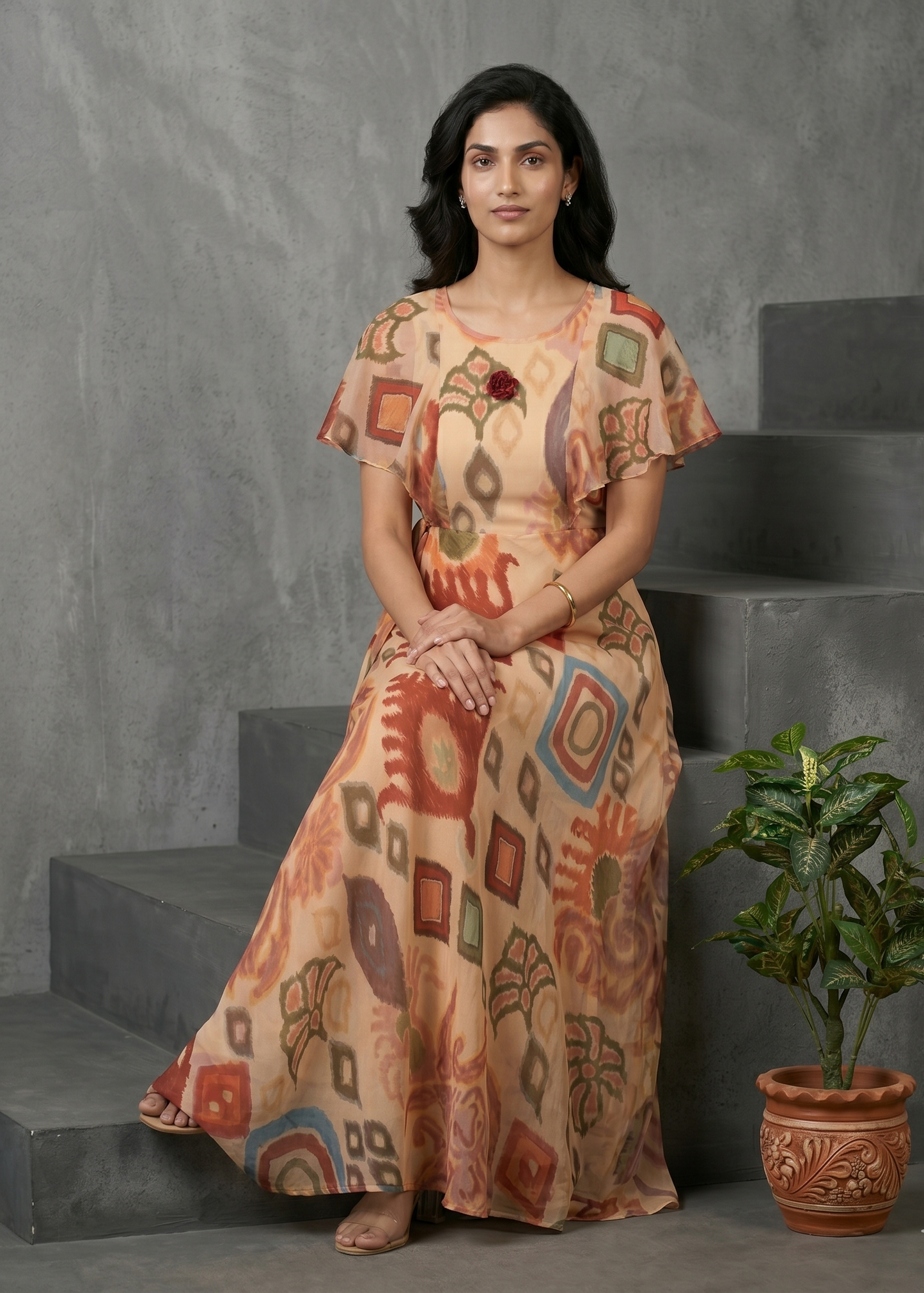 Beige Dhara Chiffon Ikkat dress - Gown