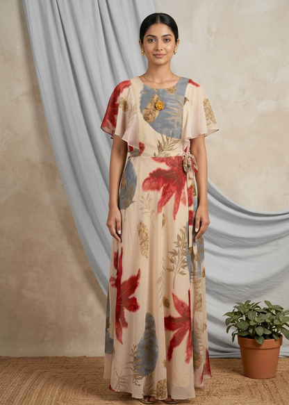 Beige Dhara Chiffon floral dress - Gown