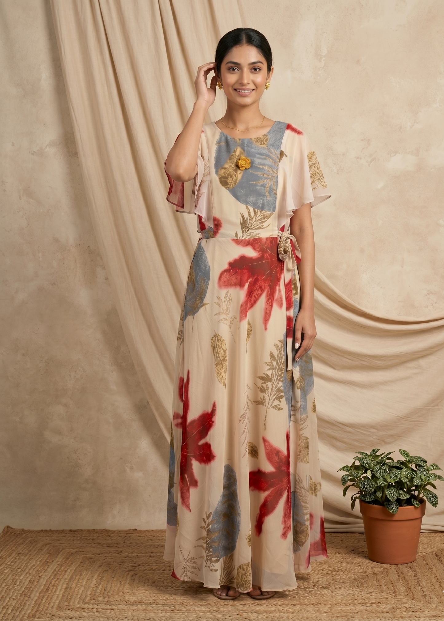 Beige Dhara Chiffon floral dress - Gown