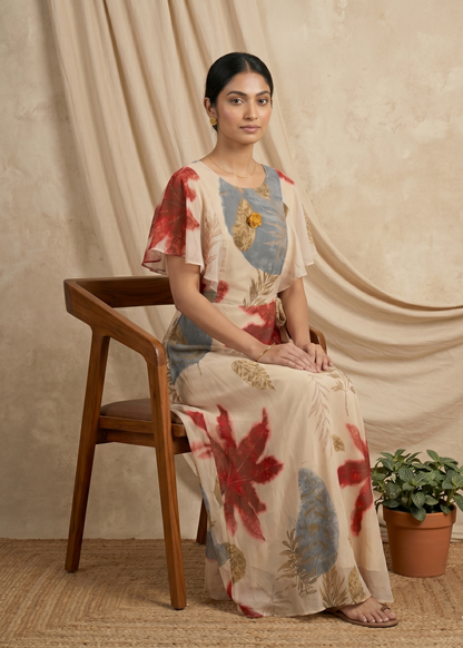 Beige Dhara Chiffon floral dress - Gown