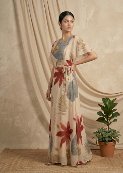 Beige Dhara Chiffon floral dress - Gown