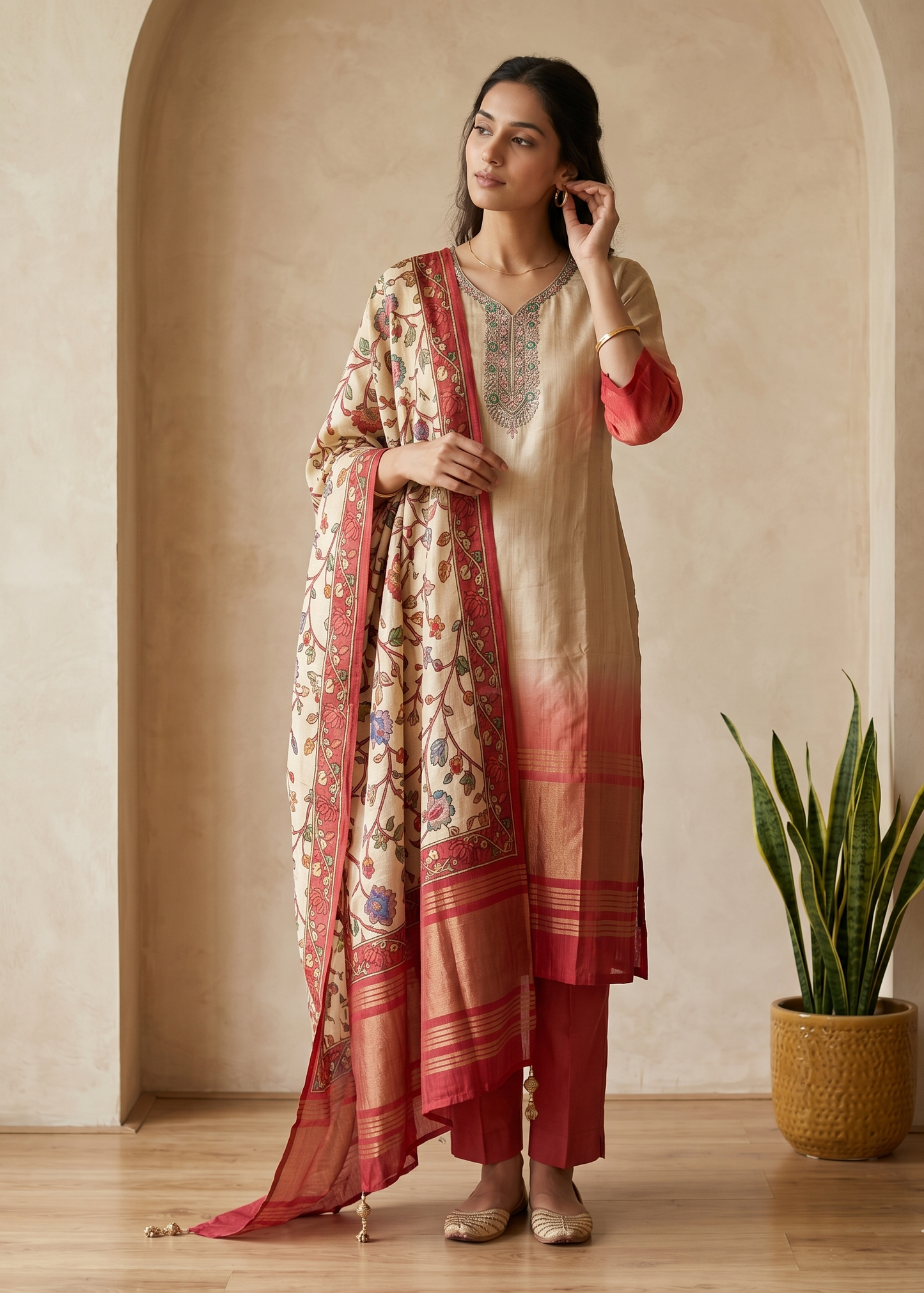 Beige Dhara Ombre Silk Hand embroidered Suit set