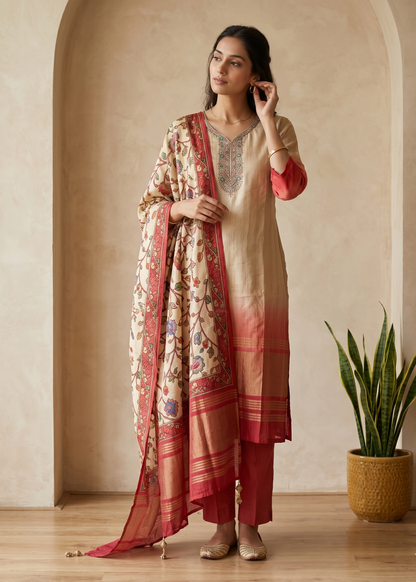 Beige Dhara Ombre Silk Hand embroidered Suit set