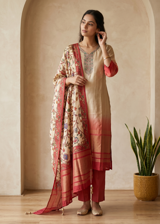 Beige Dhara Ombre Silk Hand embroidered Suit set