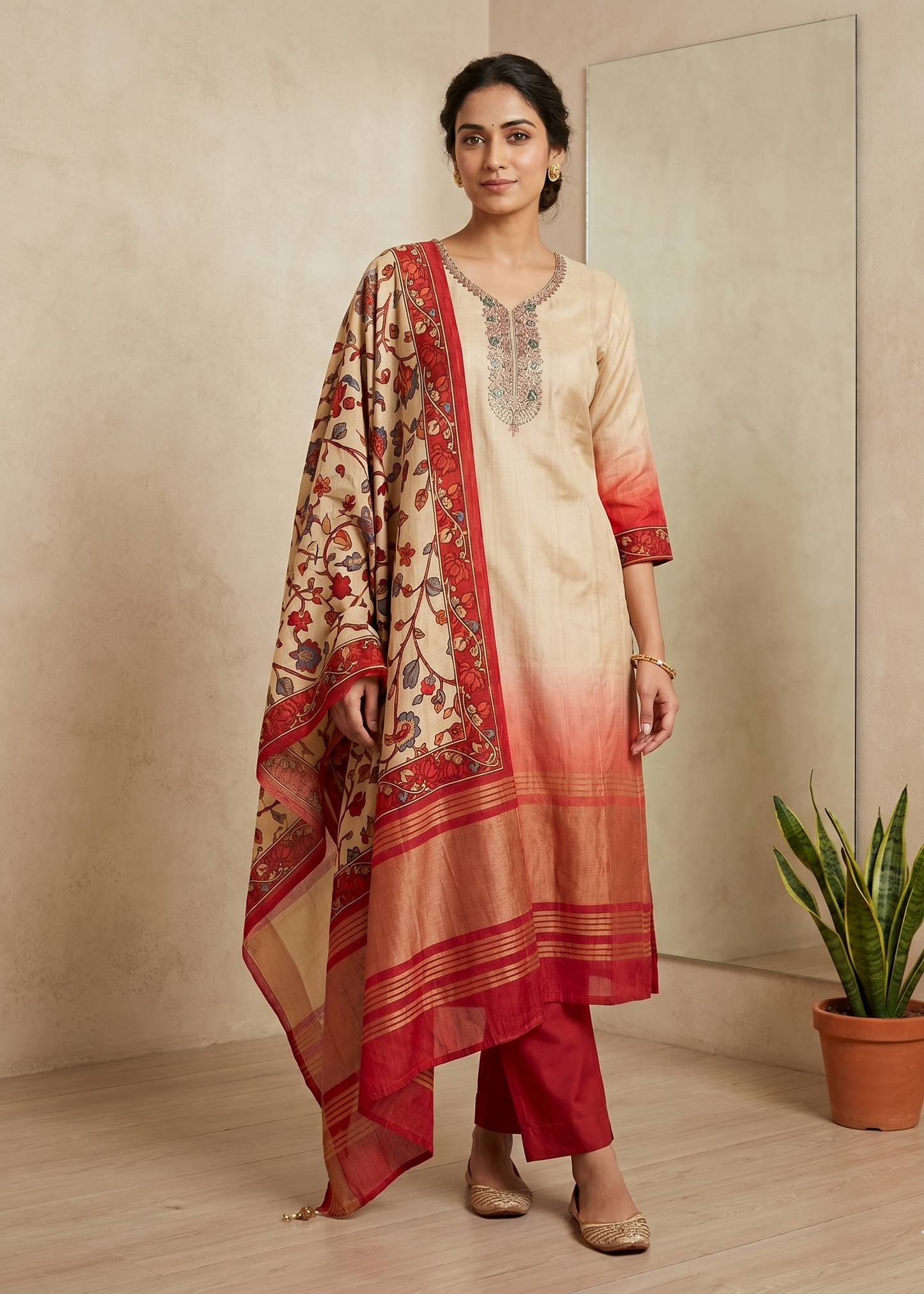 Beige Dhara Ombre Silk Hand embroidered Suit set