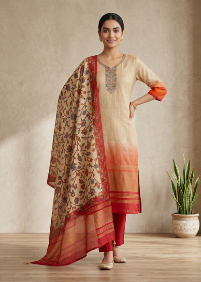 Beige Dhara Ombre Silk Hand embroidered Suit set