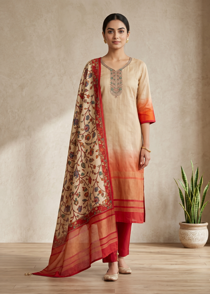 Beige Dhara Ombre Silk Hand embroidered Suit set