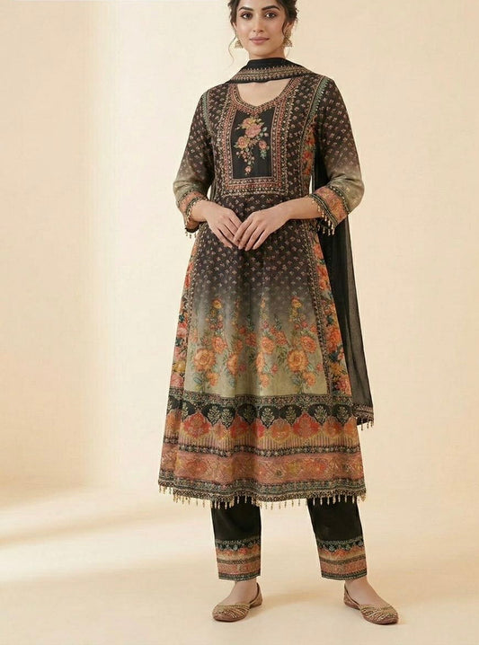 Black Panel Anarkali suit set