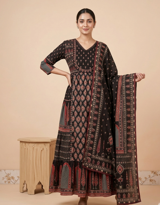 Black Nia Cotton Anarkali Suit set