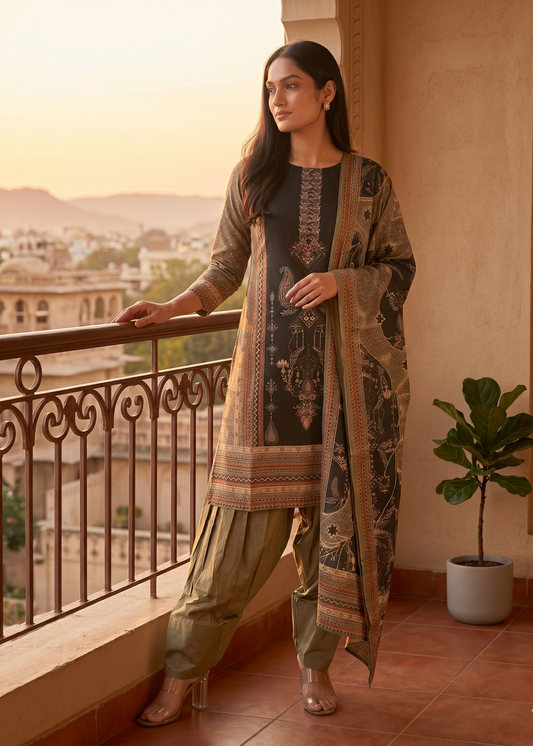 Black Brinda Crepe silk Farshi Salwar - Set of 3