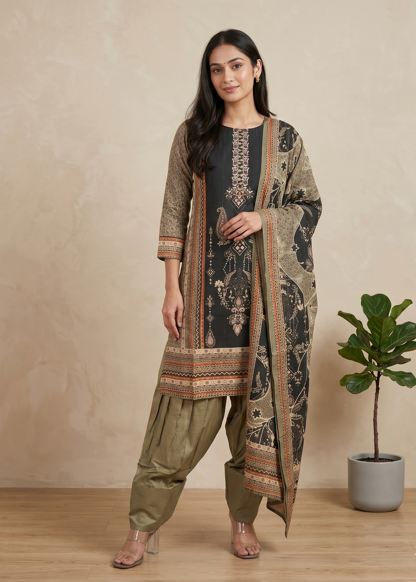 Black Brinda Crepe silk Farshi Salwar - Set of 3