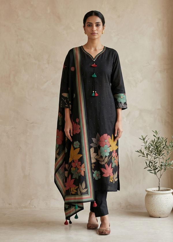 Black Dhiya Denting Silk Straight suit set-3
