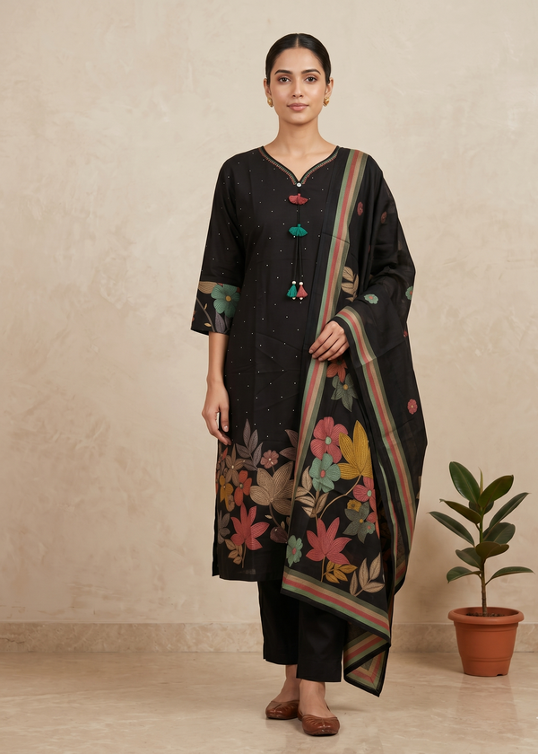 Black Dhiya Denting Silk Straight suit set-3