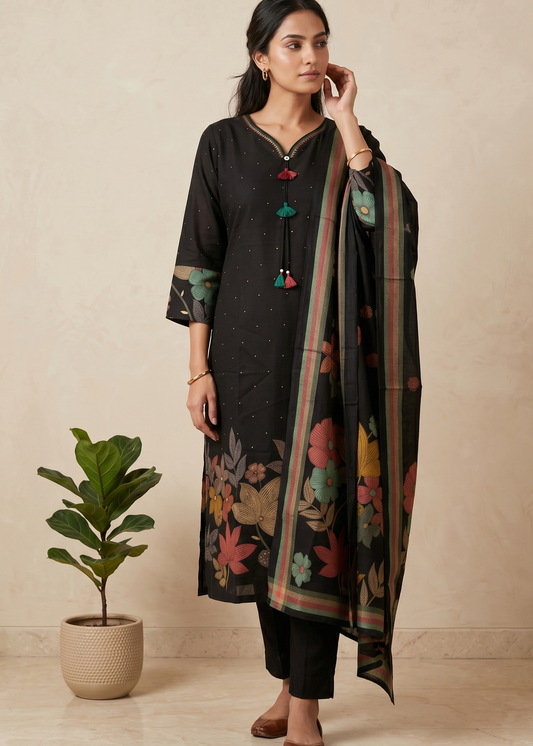 Black Dhiya Denting Silk Straight suit set-3