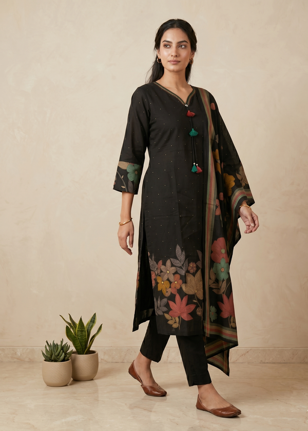Black Dhiya Denting Silk Straight suit set-3