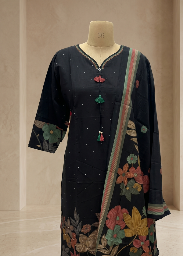 Black Dhiya Denting Silk Straight suit set-3
