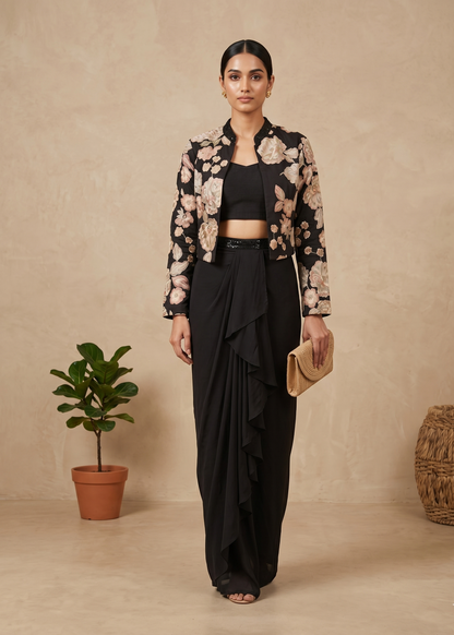 Black Drithi Crepe silk Jacket set