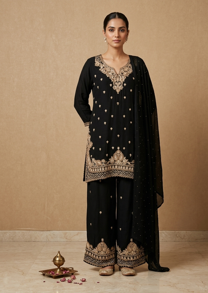 Black Amina chinon silk short kurta set