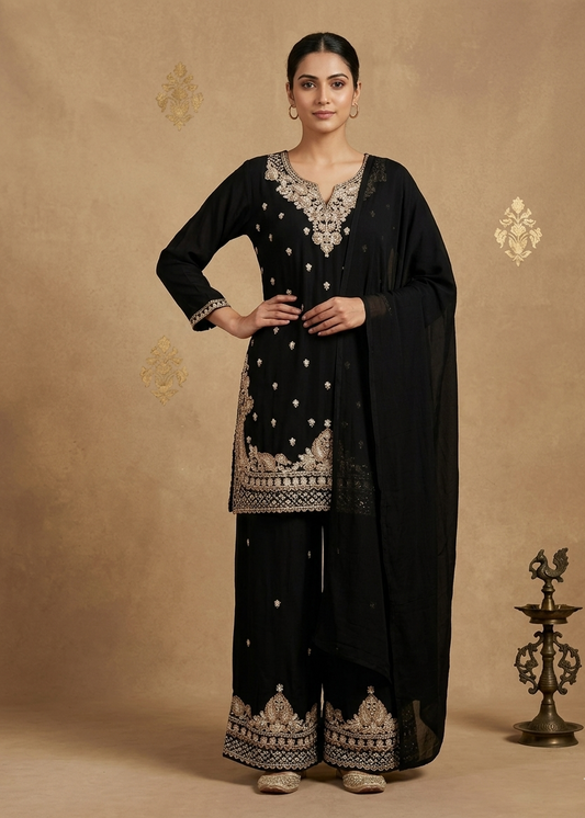 Black Amina chinon silk short kurta set