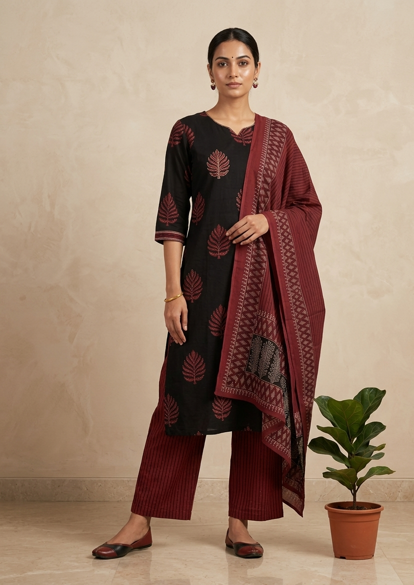Stylish Black Milan Cotton Kurta Suit Set for Women with Premium Cotton Material