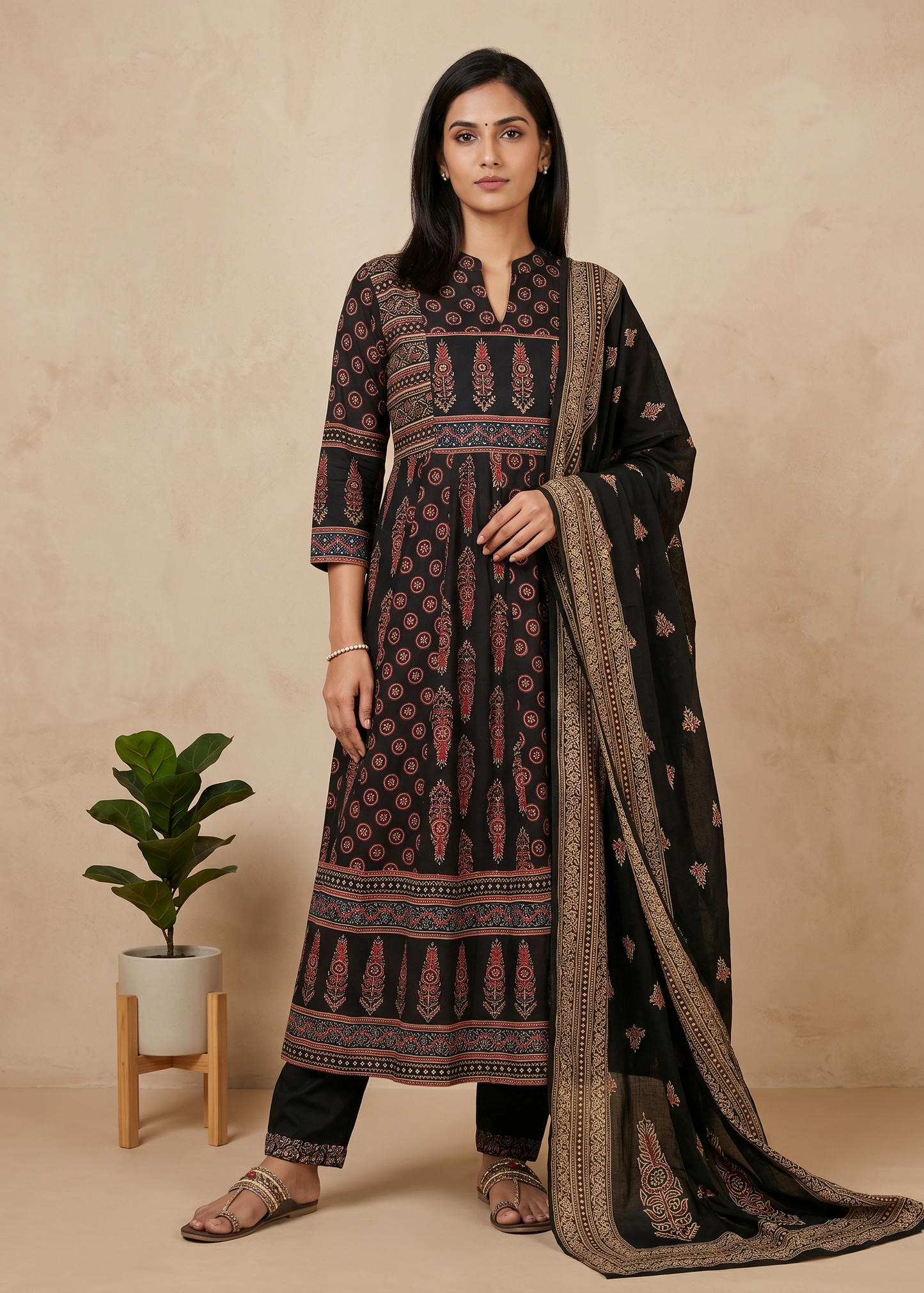Black Nish Cotton Anarkali suit set
