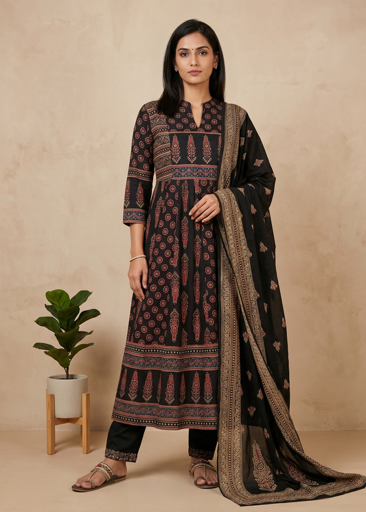 Black Nish Cotton Anarkali suit set