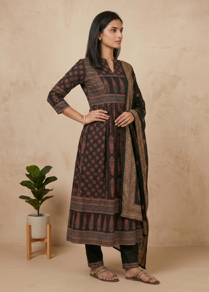 Black Nish Cotton Anarkali suit set