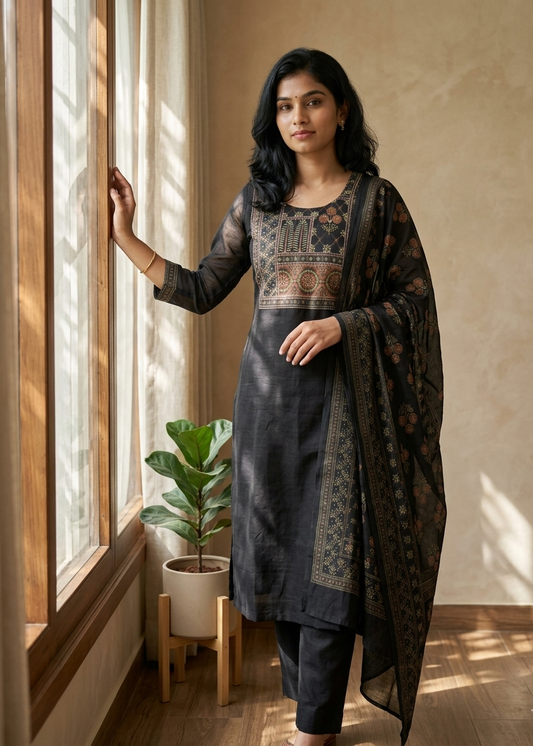 Black Rekha Kantha work Coral silk suit set - Set of 2