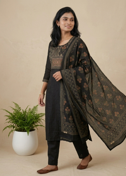 Black Rekha Kantha work Coral silk suit set - Set of 2