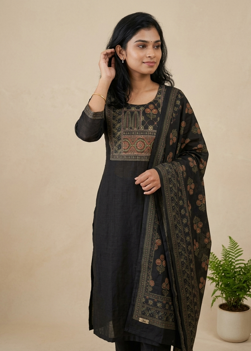 Black Rekha Kantha work Coral silk suit set - Set of 2