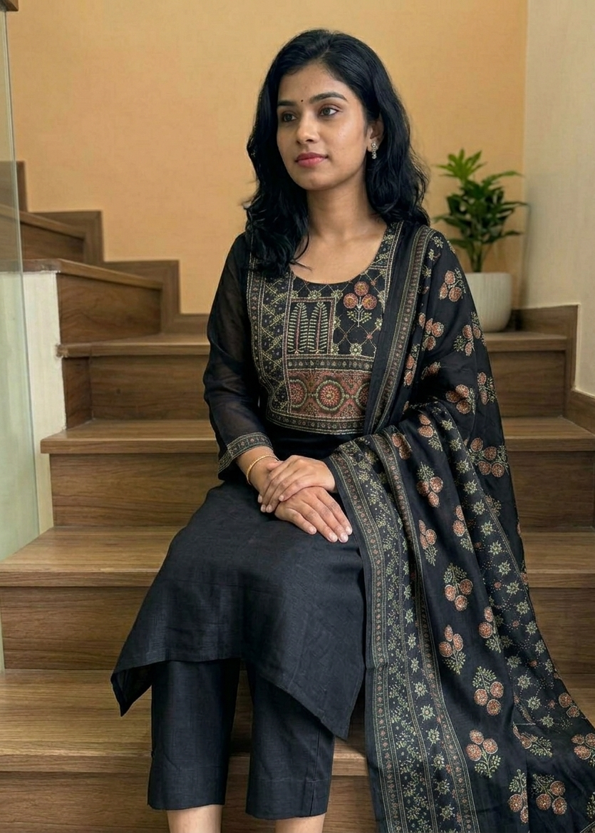 Black Rekha Kantha work Coral silk suit set - Set of 2