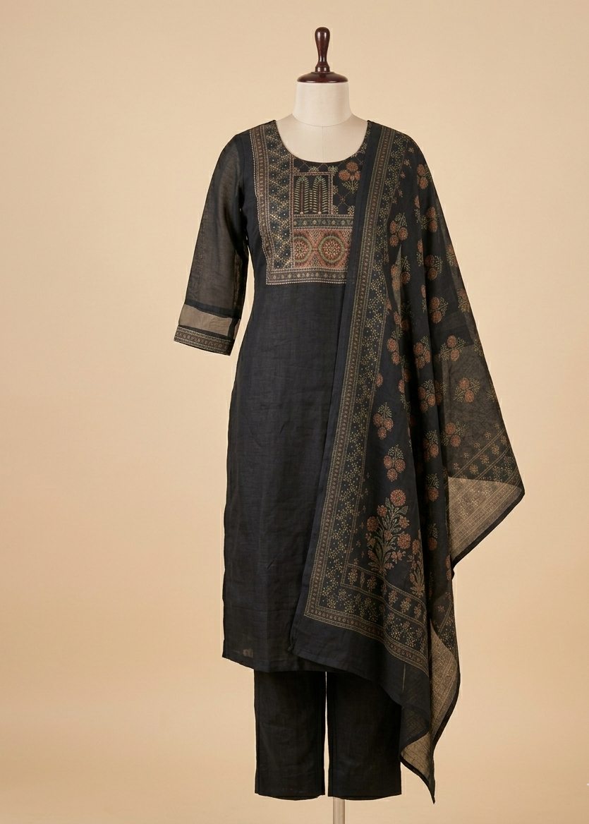 Black Rekha Kantha work Coral silk suit set - Set of 2
