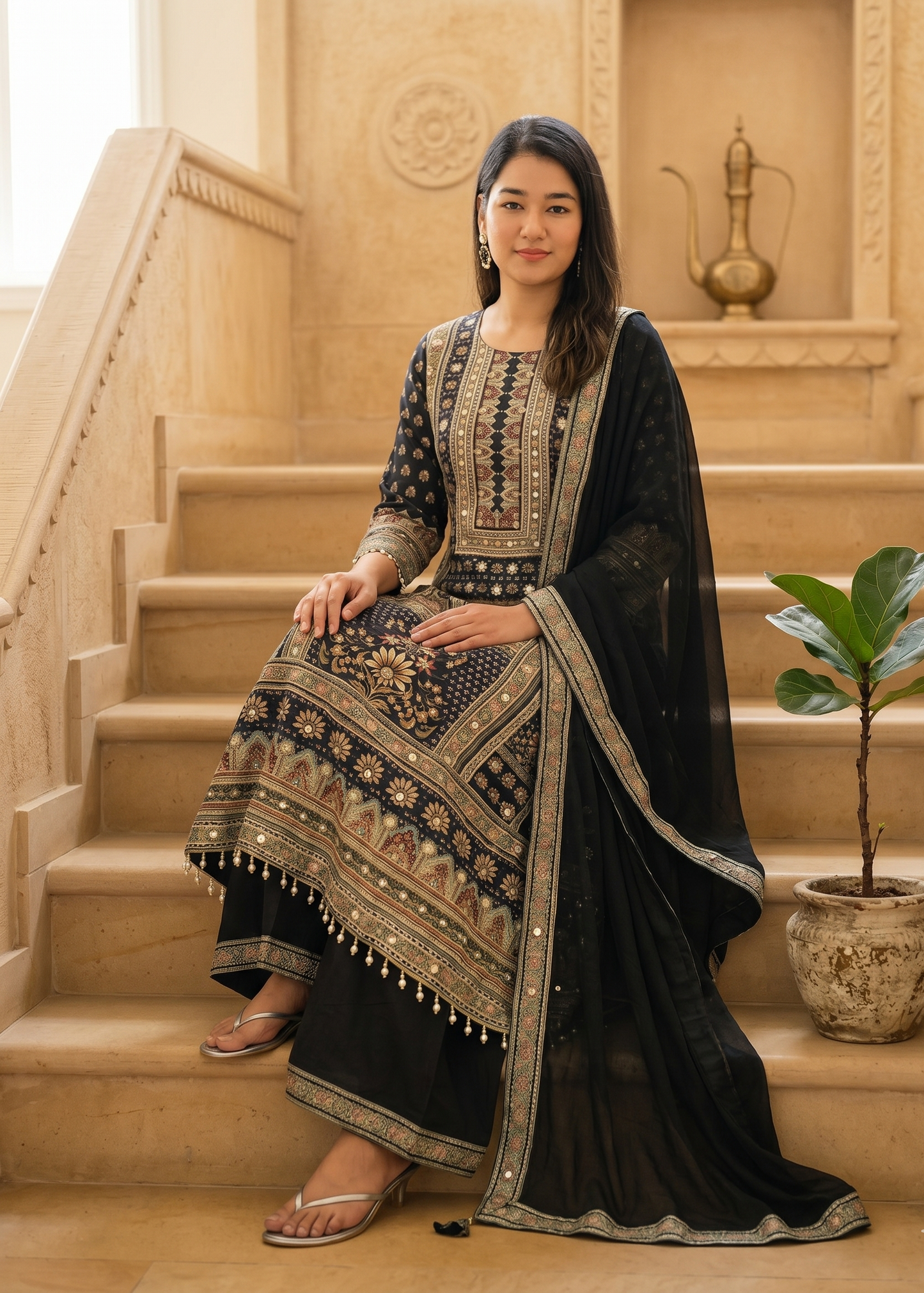Black Yashita pure crepe Anarkali suit set