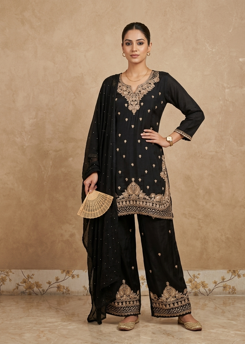 Black Amina chinon silk short kurta set