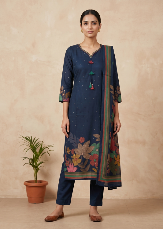 Blue Dhiya Silk Straight suit set-3