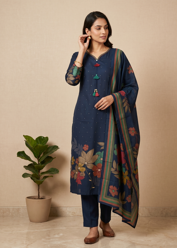 Blue Dhiya Silk Straight suit set-3