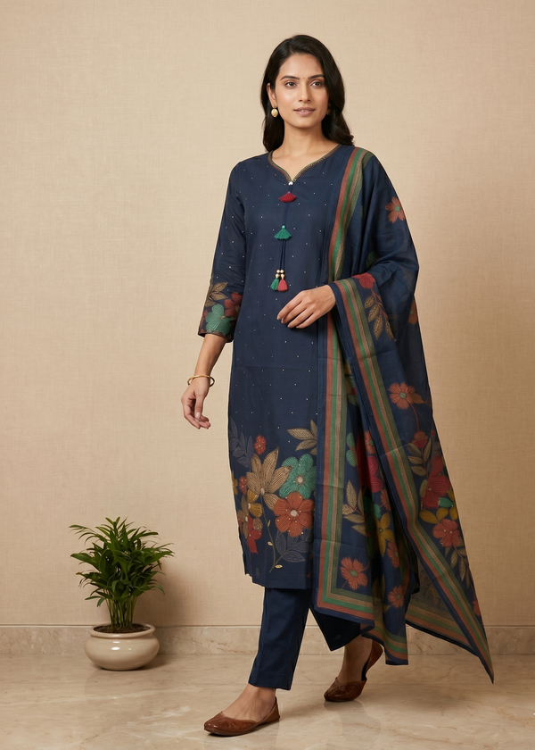 Blue Dhiya Silk Straight suit set-3
