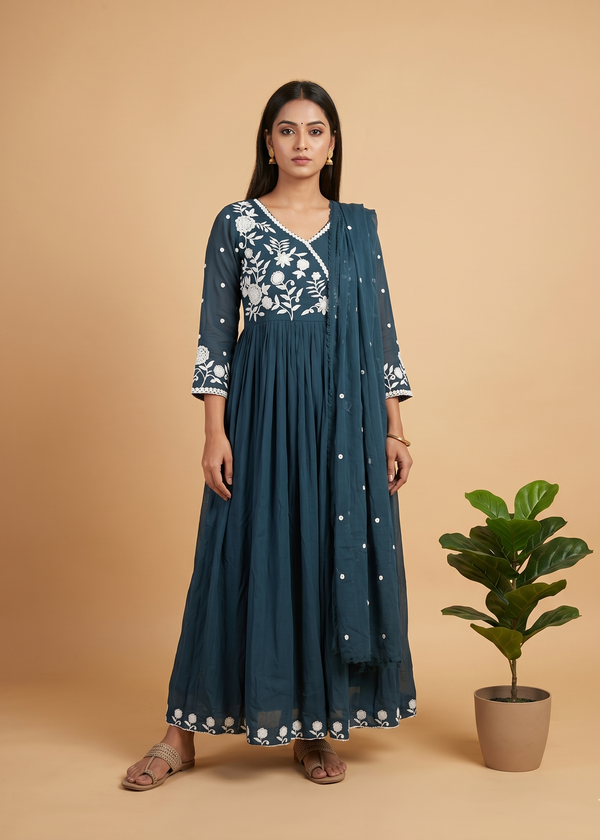 Blue Mul Cotton Anarkali set