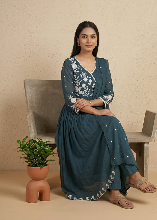 Blue Mul Cotton Anarkali set