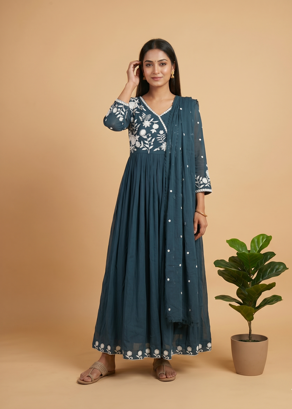 Blue Mul Cotton Anarkali set
