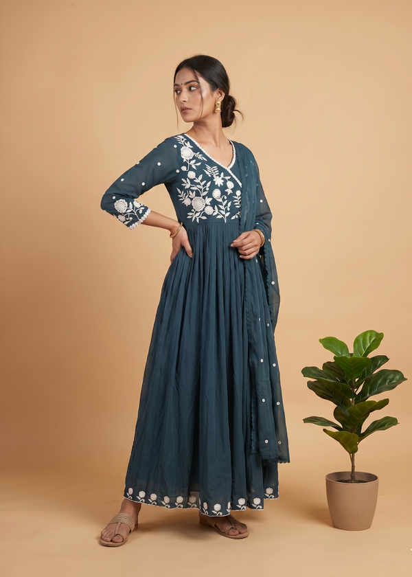 Blue Mul Cotton Anarkali set