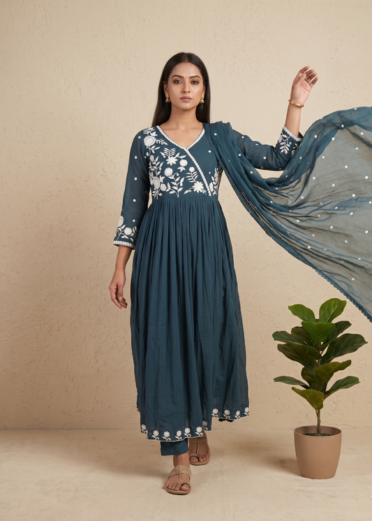 Teal Blue Mul Cotton Anarkali set - Set of 3