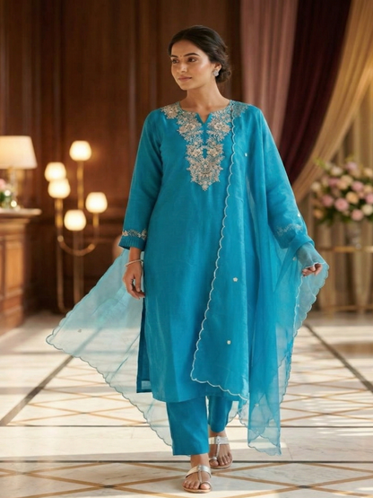 Blue Nila Muslin silk suit set - Set of 3