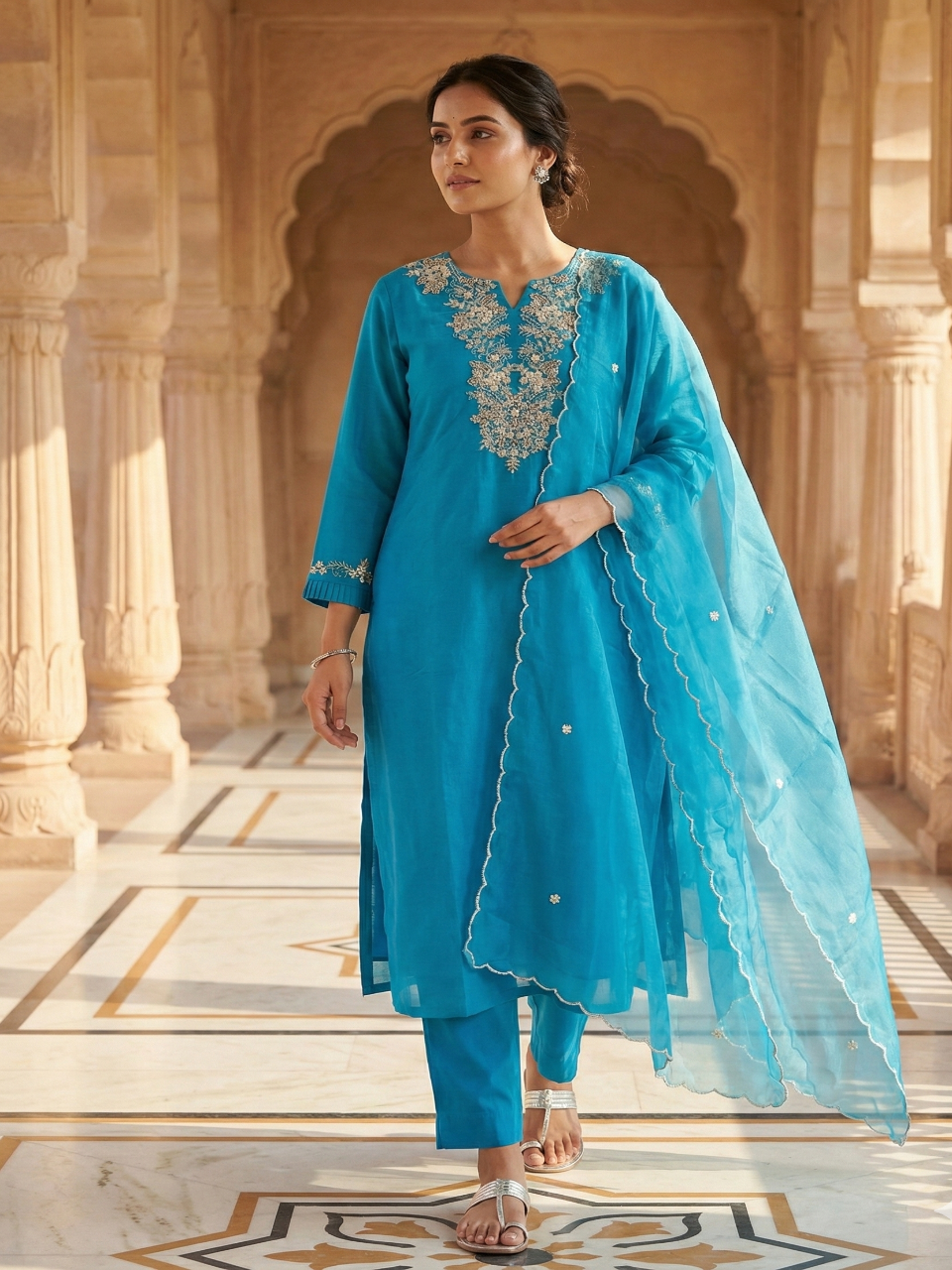 Blue Nila Muslin silk suit set - Set of 3