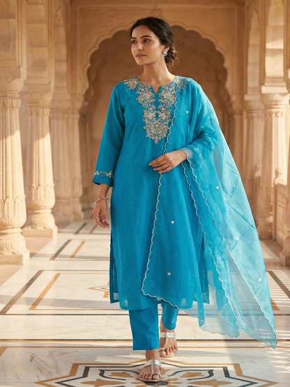 Blue Nila Muslin silk suit set - Set of 3